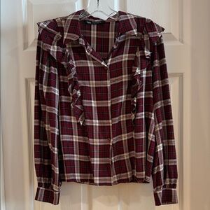 Zara Burgundy Plaid Ruffle Blouse